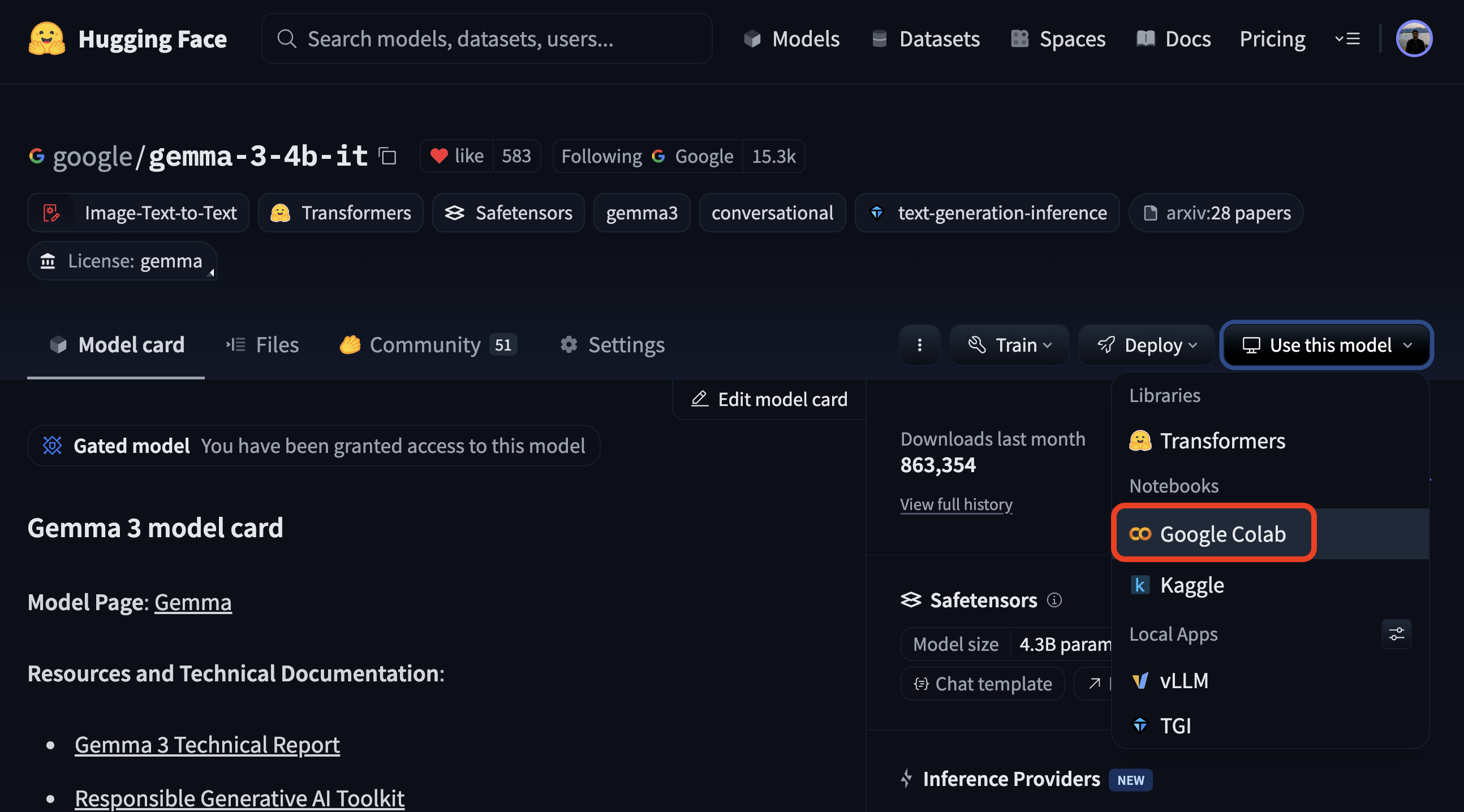 Google Colab and Kaggle option for models on the Hub