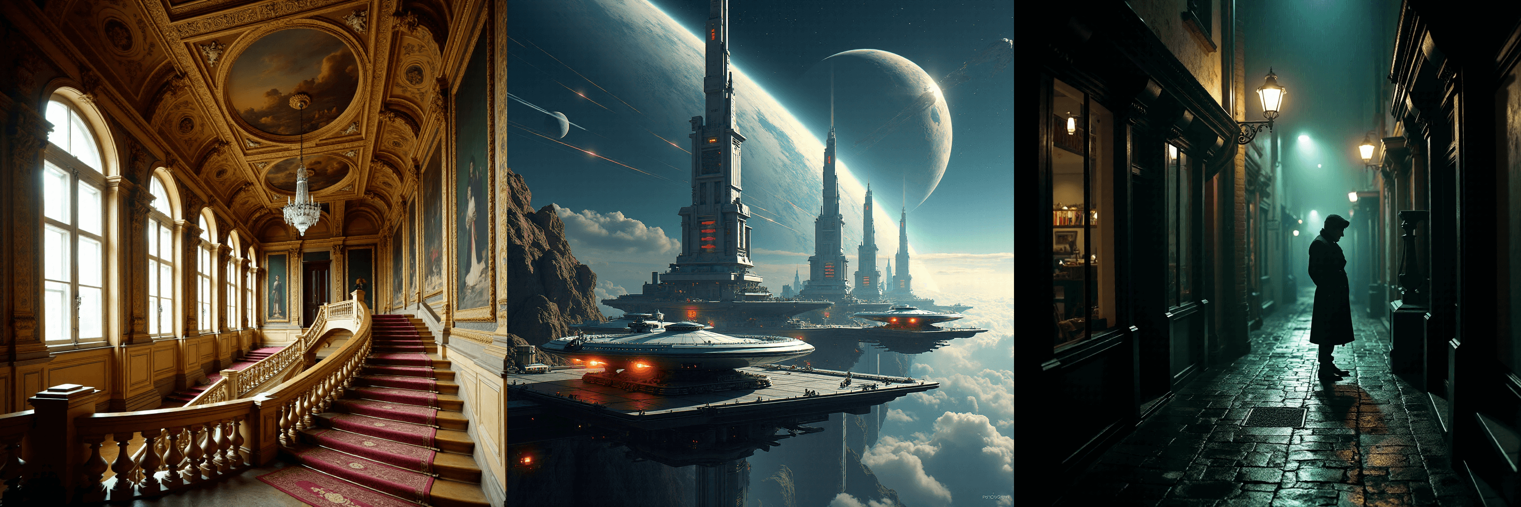 Flux-dev output with BnB 4-bit: Baroque, Futurist, Noir styles