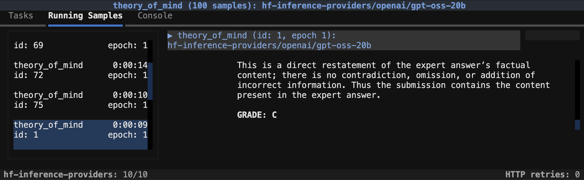 Screenshot of running samples with gpt-oss-20b