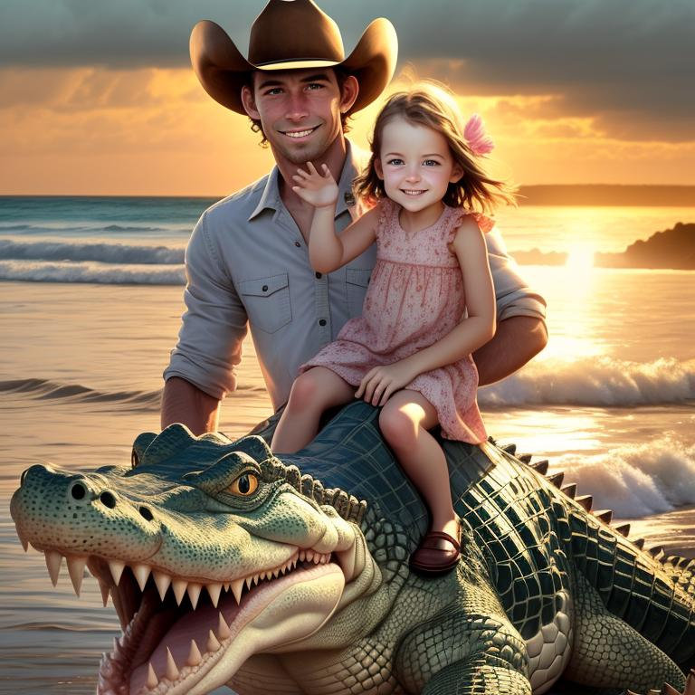 young cowboy man with pretty cute daughter ride crocodile.portrait faces.sunset. ocean, midjourney prompts