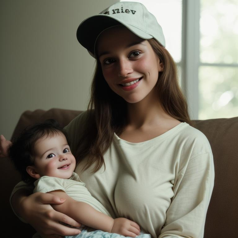 90s grainy vhs still young mother loose shirt, cap. on the couch, posing, brown eyes. holding a baby, bright lighting. smile, bokeh. Midjourney prompts